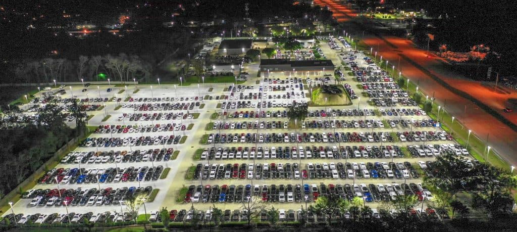 Large American car dealership lot